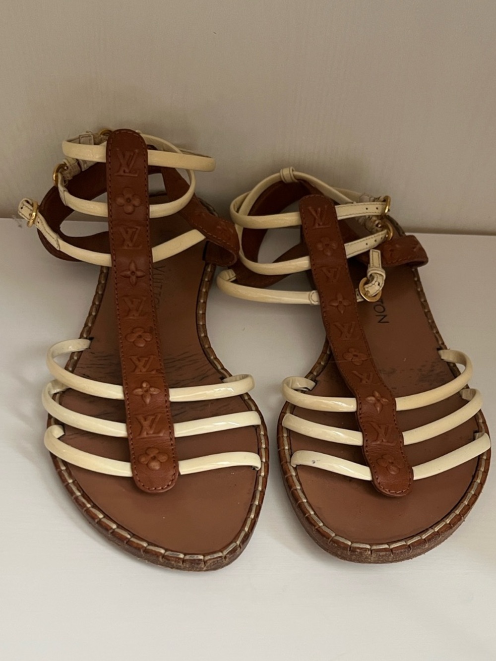 Louis Vuitton Brown and Cream Monogram Strappy Sandals